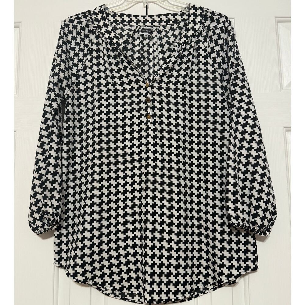 Mud Pie Black and White Houndstooth L/S Blouse, Size M